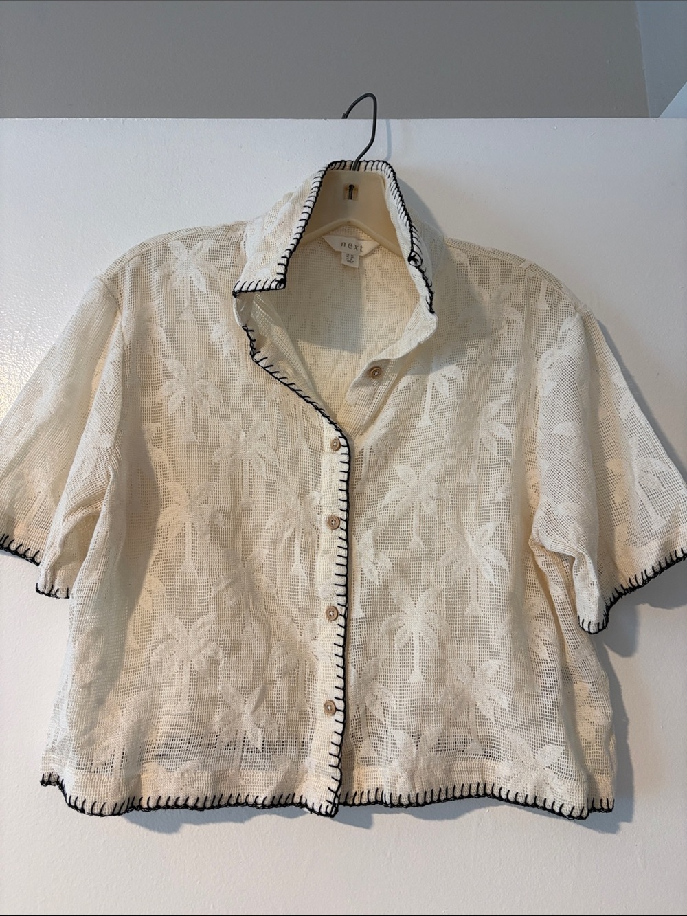 NEXT- Cream Palm-🌴Pattern Short-Sleeve Button-Front Shirt with Black Trim-